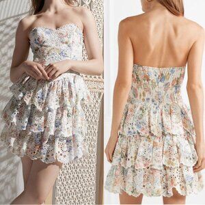 Zimmermann Bowie Ruffle Mini Dress Strapless Floral Linen Broderie Anglaise